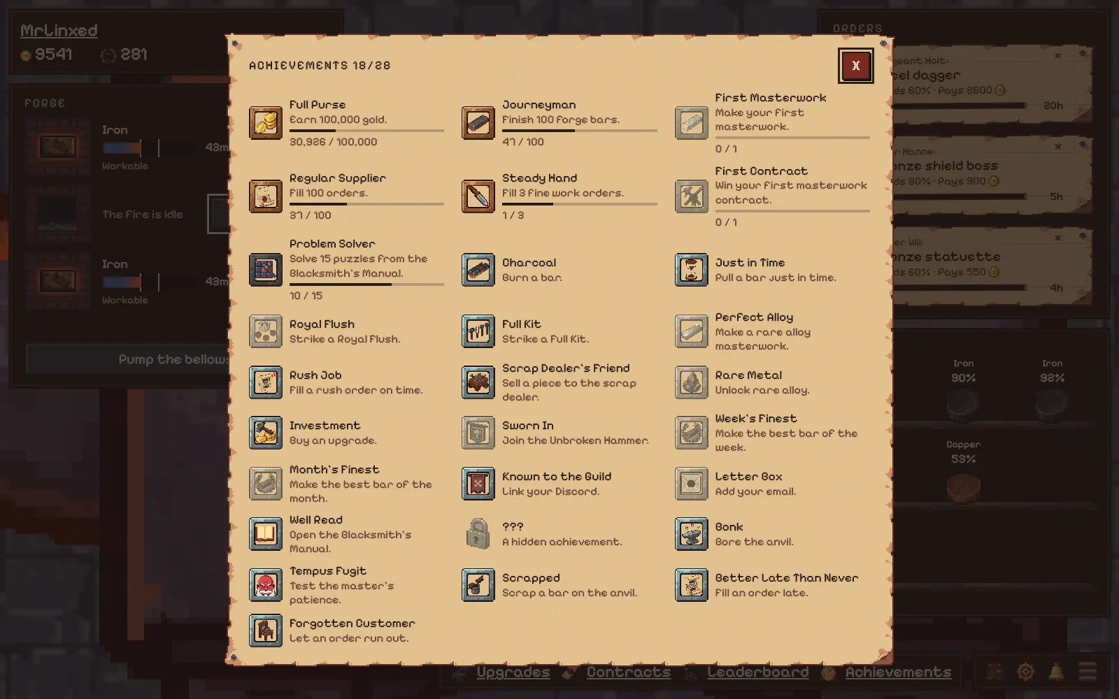 The achievements page, 18 of 28 unlocked, with progress bars for goals like finishing 100 forge bars