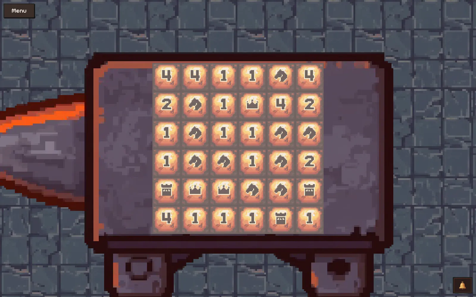 A 6 by 6 rare alloy board in practice mode, with number, knight, rook and queen marks
