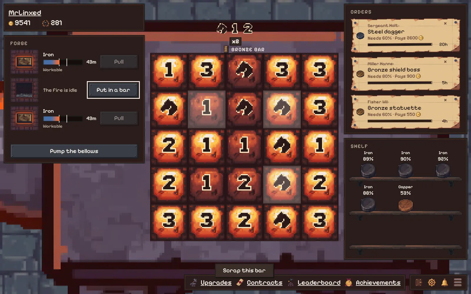 Tempus Fugit forge: a 5 by 5 bronze bar mid-puzzle on the anvil, between the forge slots and the customer orders
