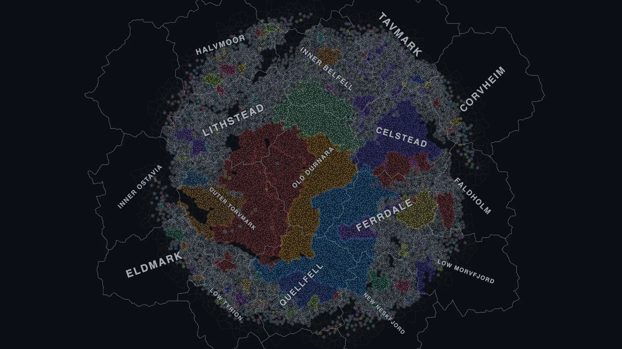 Old Light galaxy map split into named regions, with each empire's territory in its banner colour