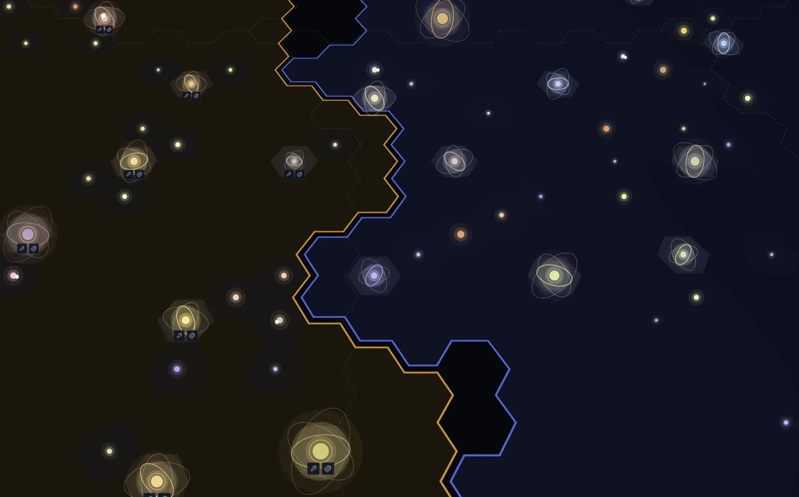 Two empire borders meeting across the Old Light galaxy map, one amber and one blue, with neither side crossing